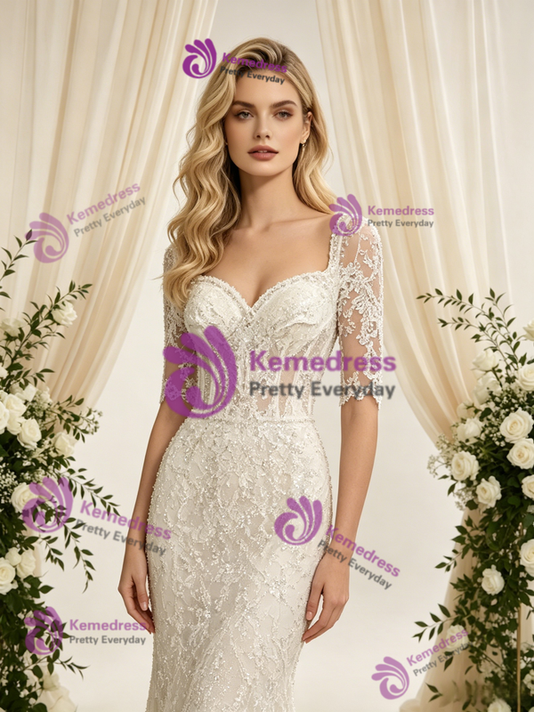 Beige White Mermaid Lace Short Sleeve Wedding Dress