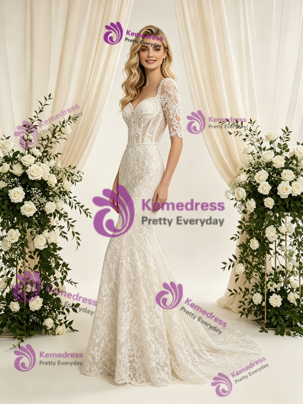 Beige White Mermaid Lace Short Sleeve Wedding Dress