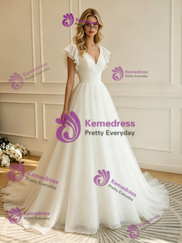White Tulle V-neck Pleats Wedding Dress
