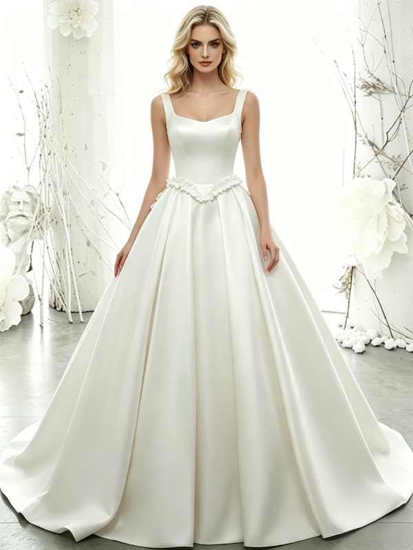 White Satin Straps Wedding Dress
