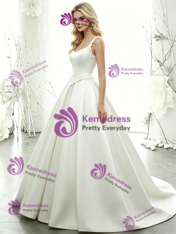 White Satin Straps Wedding Dress