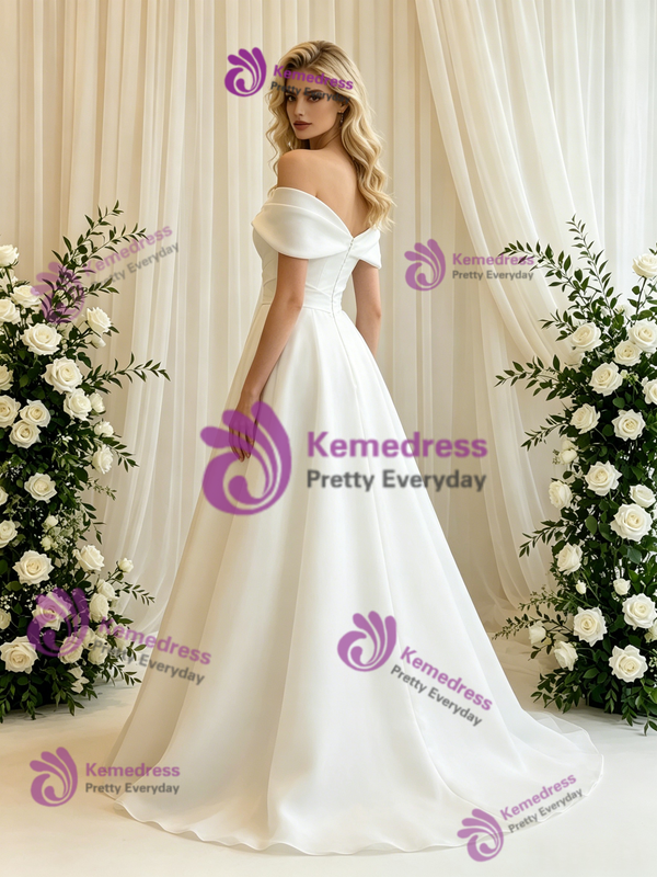 White Tulle Off the Shoulder Pleats Wedding Dress