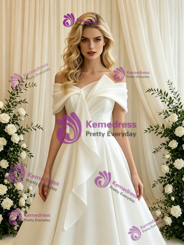 White Tulle Off the Shoulder Pleats Wedding Dress
