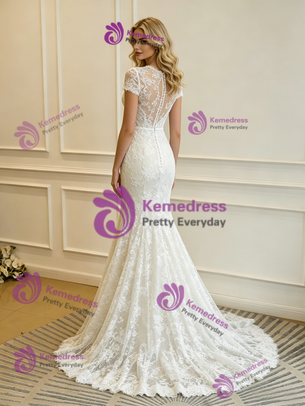 White Mermaid Lace Short Sleeve Wedding Dress