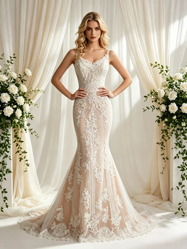 Champagne Mermaid Lace Straps Wedding Dress