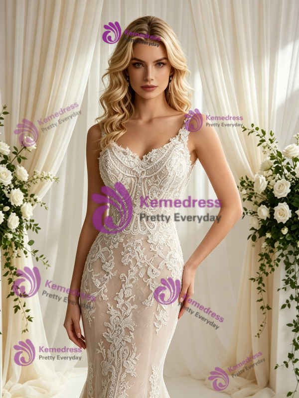 Champagne Mermaid Lace Straps Wedding Dress