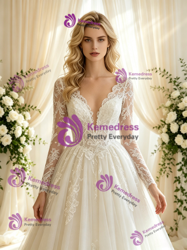 White Tulle Lace V-neck Wedding Dress