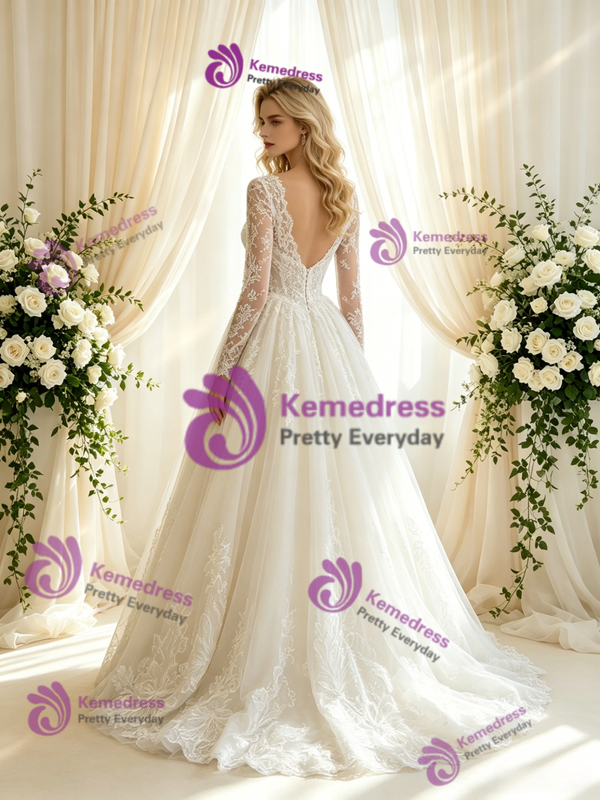 White Tulle Lace V-neck Wedding Dress