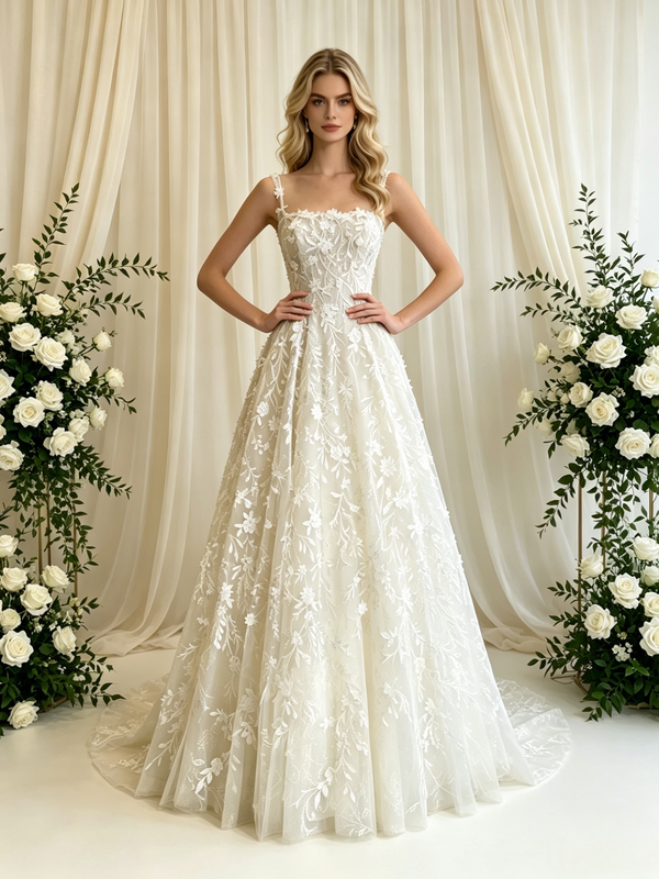 White Lace Spaghetti Straps Wedding Dress
