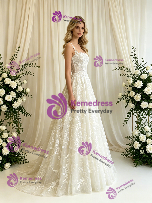 White Lace Spaghetti Straps Wedding Dress