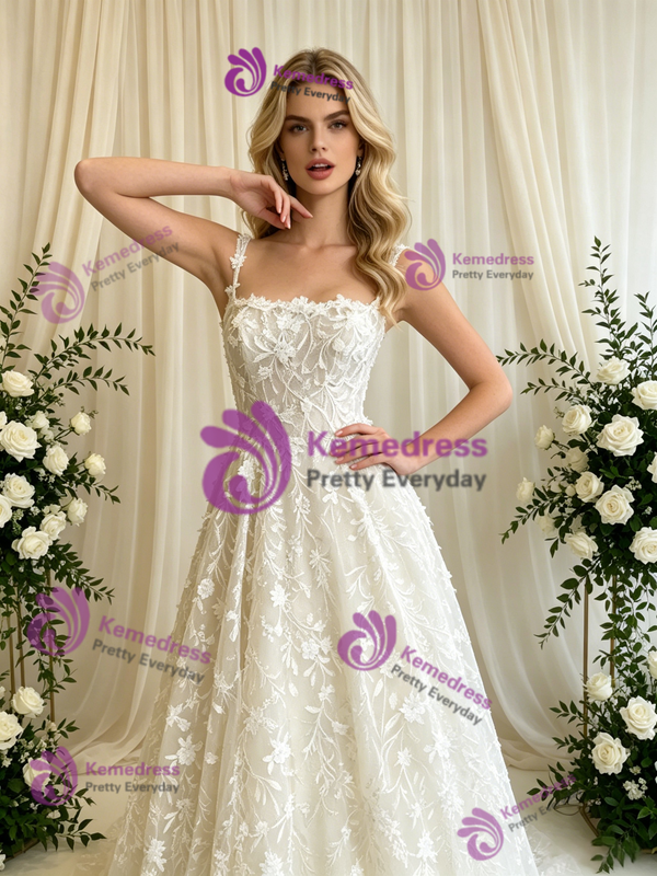 White Lace Spaghetti Straps Wedding Dress