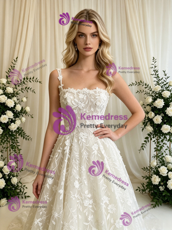 White Lace Spaghetti Straps Wedding Dress