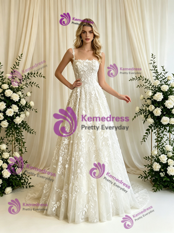 White Lace Spaghetti Straps Wedding Dress