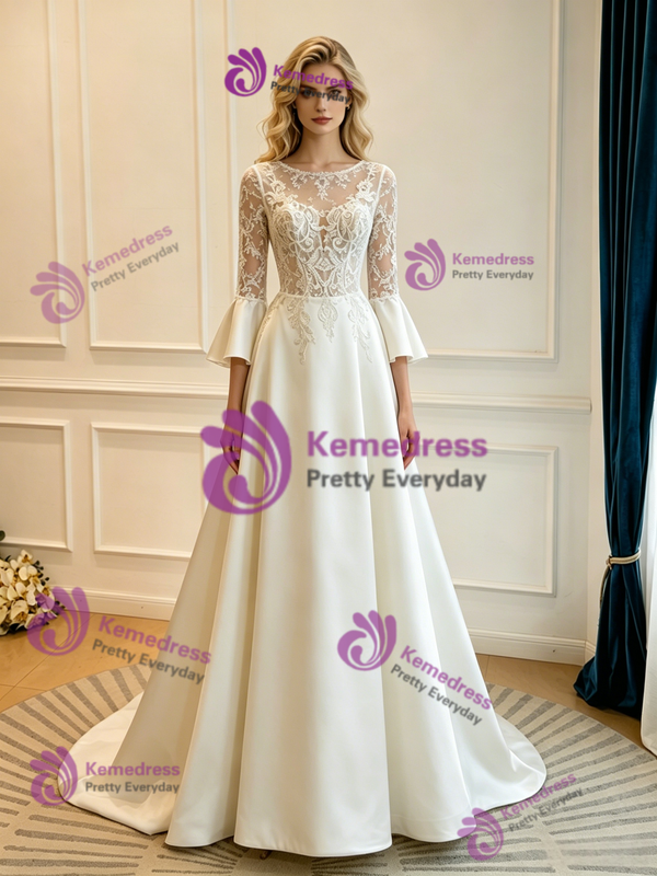 Beige White Satin Lace Long Sleeve Wedding Dress