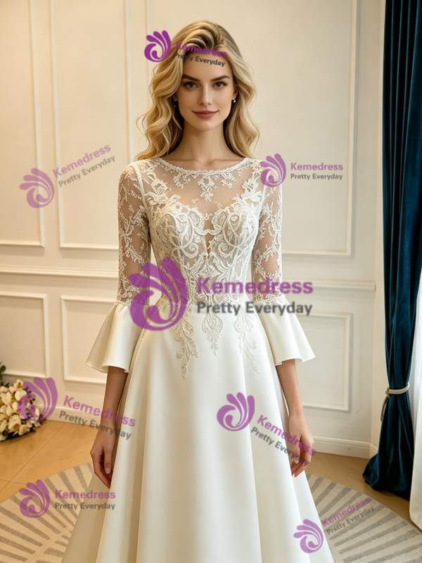 Beige White Satin Lace Long Sleeve Wedding Dress