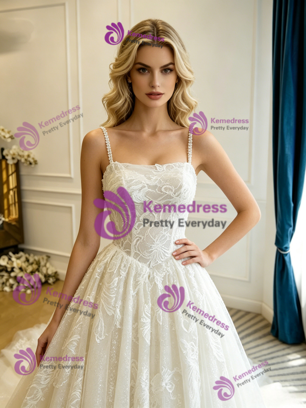 Beige Wite Tulle Lace Straps Wedding Dress