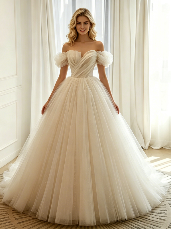 Champagne Tulle Off the Shoulder Pleats Wedding Dress