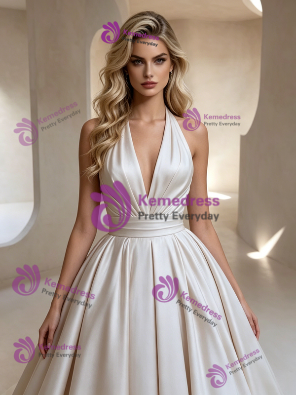 Ivory Satin V-neck Pleats Wedding Dress