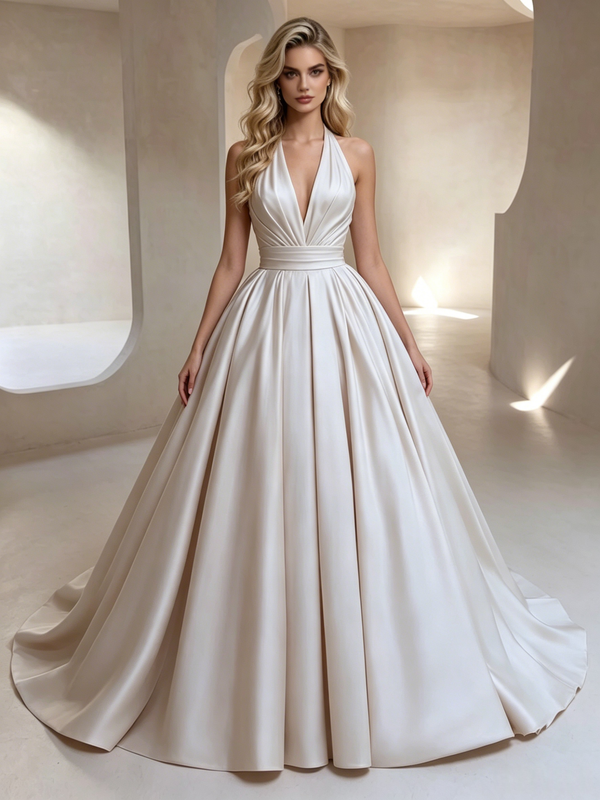 Ivory Satin V-neck Pleats Wedding Dress