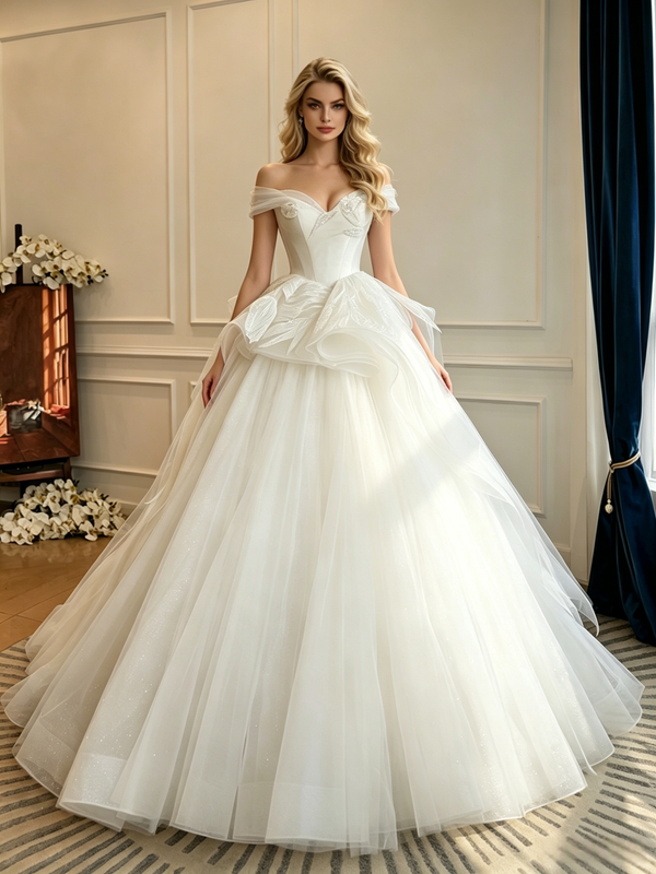 White Tulle Off the Shoulder Wedding Dress