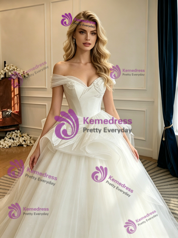 White Tulle Off the Shoulder Wedding Dress