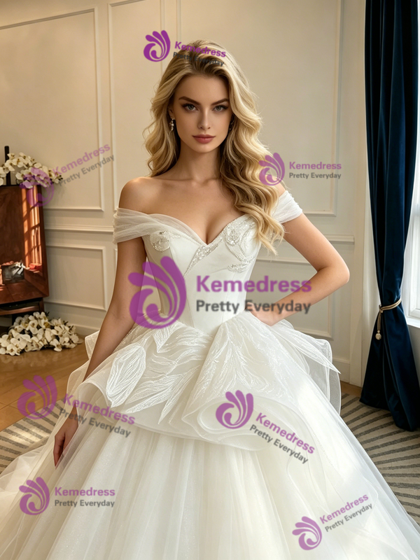 White Tulle Off the Shoulder Wedding Dress