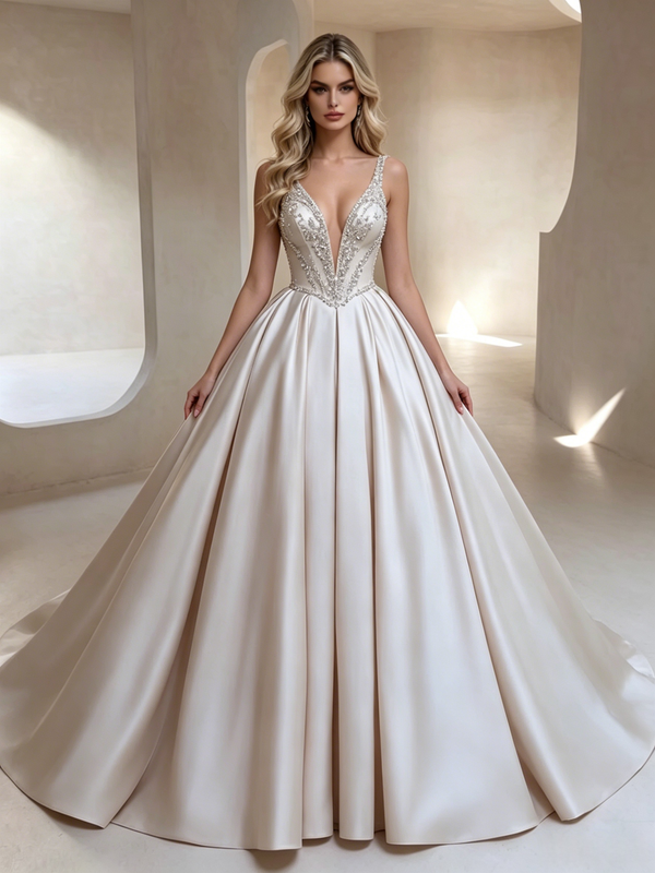 Ivory Satin V-neck Beading Wedding Dress