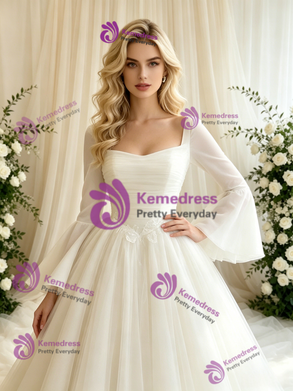 Beige WHite Tulle Long Sleeve Pleats Wedding Dress