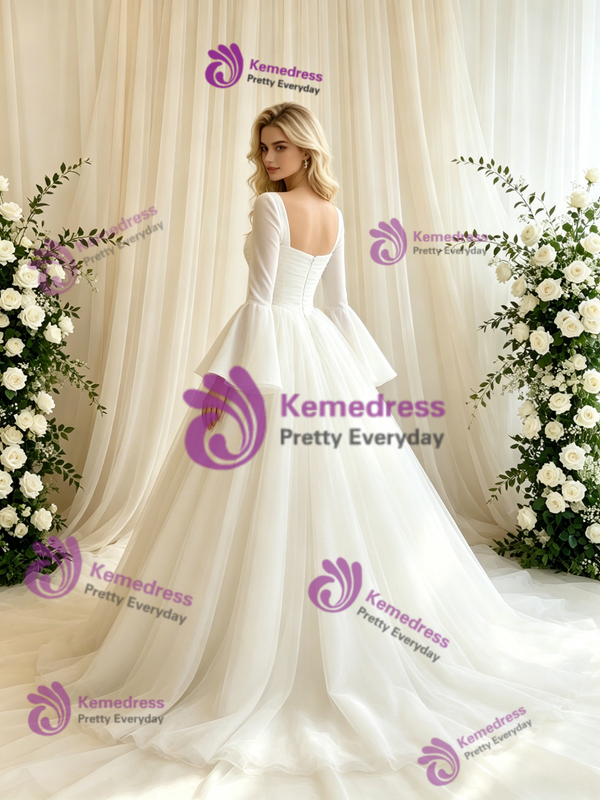 Beige WHite Tulle Long Sleeve Pleats Wedding Dress