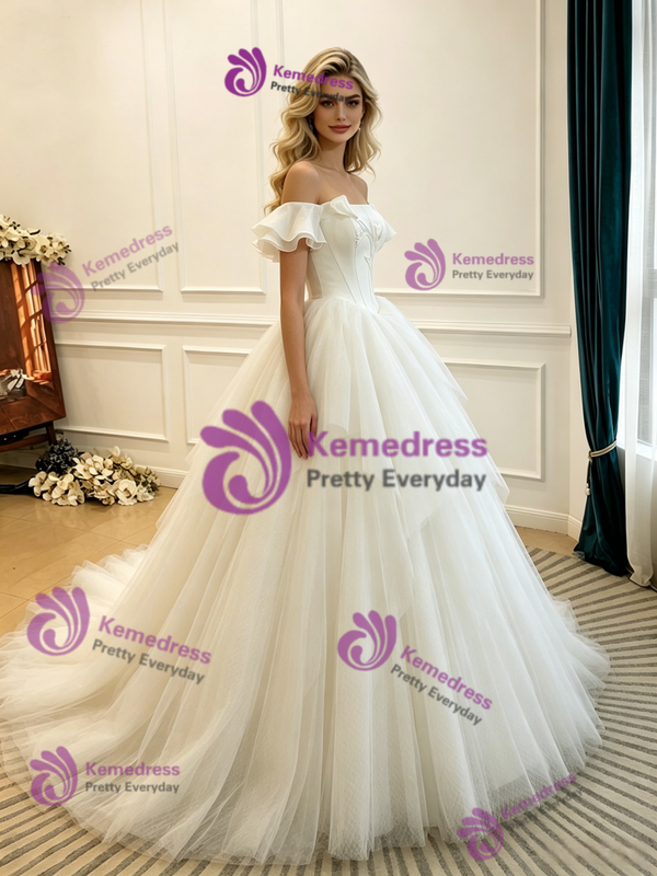 Beige White Tulle Off the Shoulder Wedding Dress