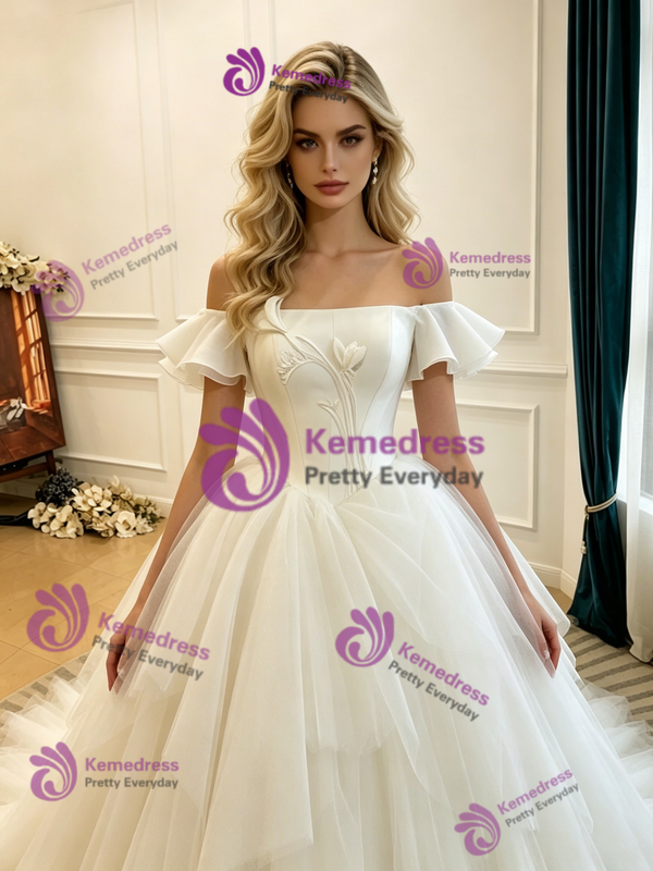 Beige White Tulle Off the Shoulder Wedding Dress