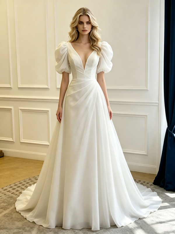 White Tulle V-neck Puff Sleeve Pleats Wedding Dress