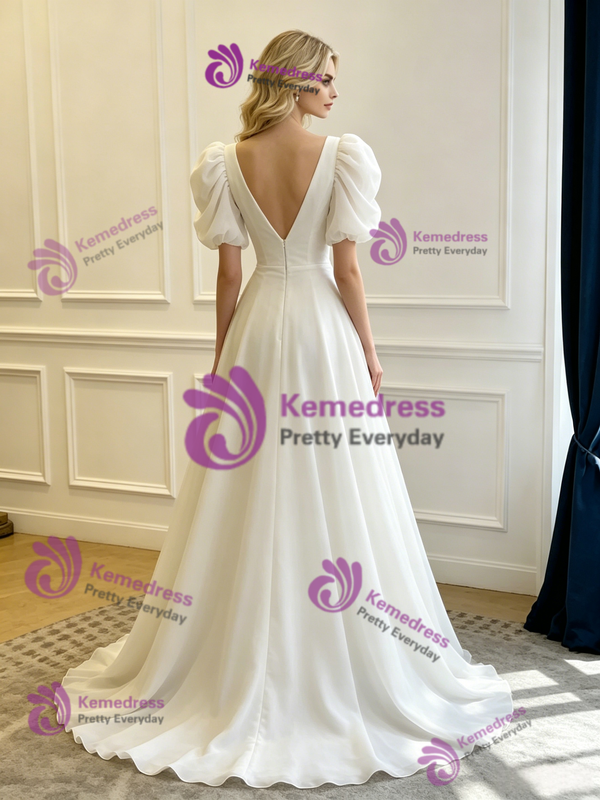 White Tulle V-neck Puff Sleeve Pleats Wedding Dress