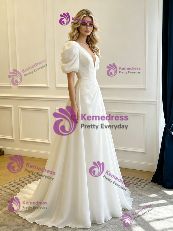 White Tulle V-neck Puff Sleeve Pleats Wedding Dress
