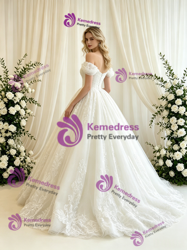 Beige White Tulle Lace Off the Shoulder Wedding Dress