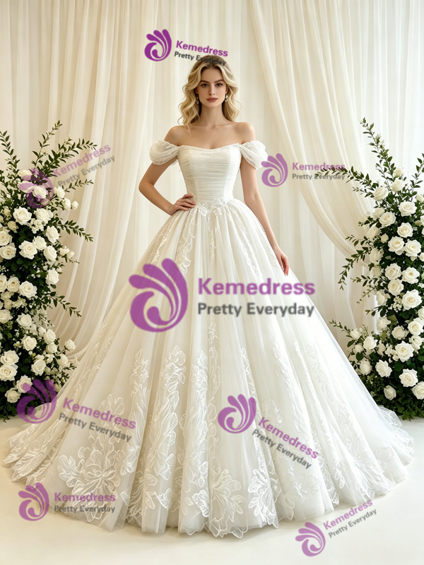Beige White Tulle Lace Off the Shoulder Wedding Dress