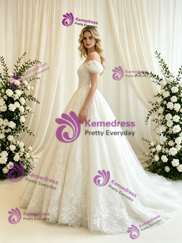 Beige White Tulle Lace Off the Shoulder Wedding Dress