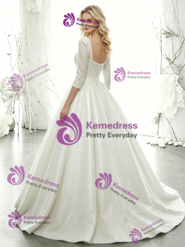 White Sequins Short Sleeve Wedding Dress