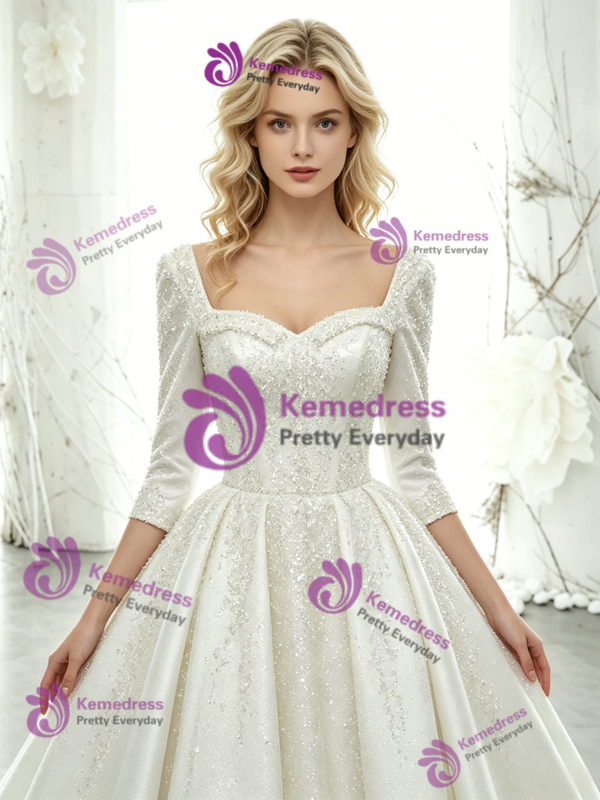 White Sequins Short Sleeve Wedding Dress