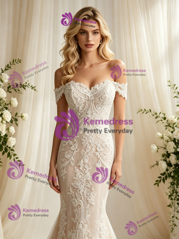 Champagne Tulle Lace Off the Shoulder Wedding Dress