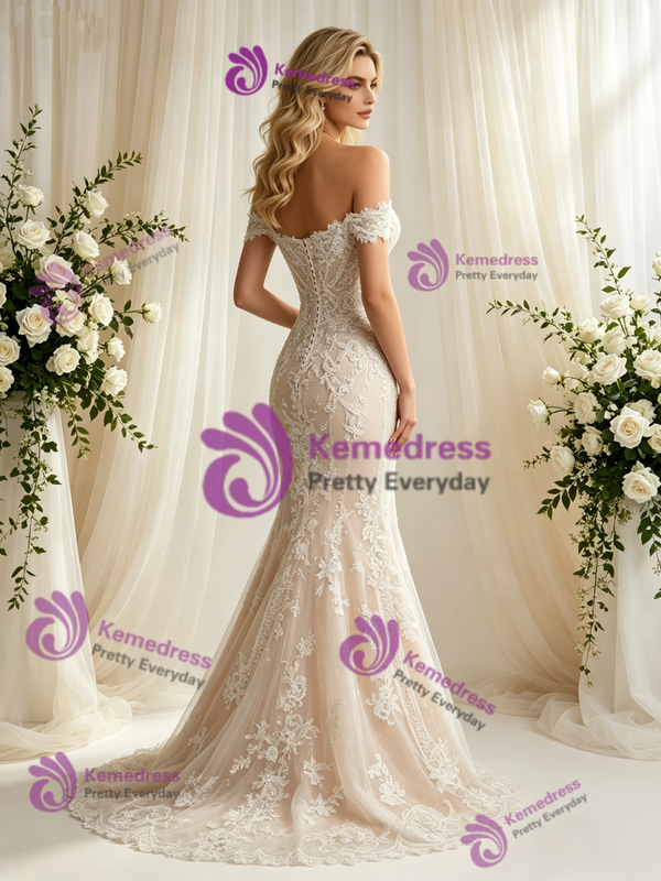 Champagne Tulle Lace Off the Shoulder Wedding Dress