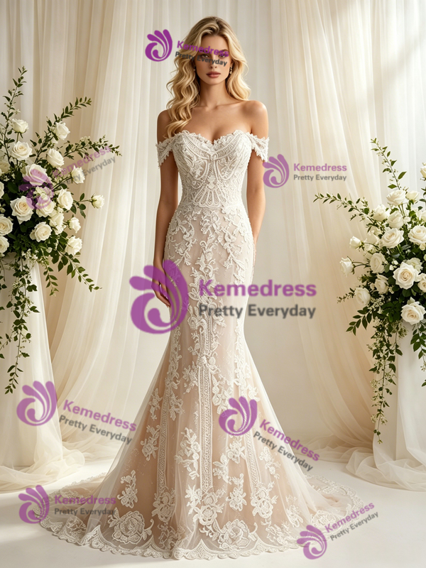 Champagne Tulle Lace Off the Shoulder Wedding Dress