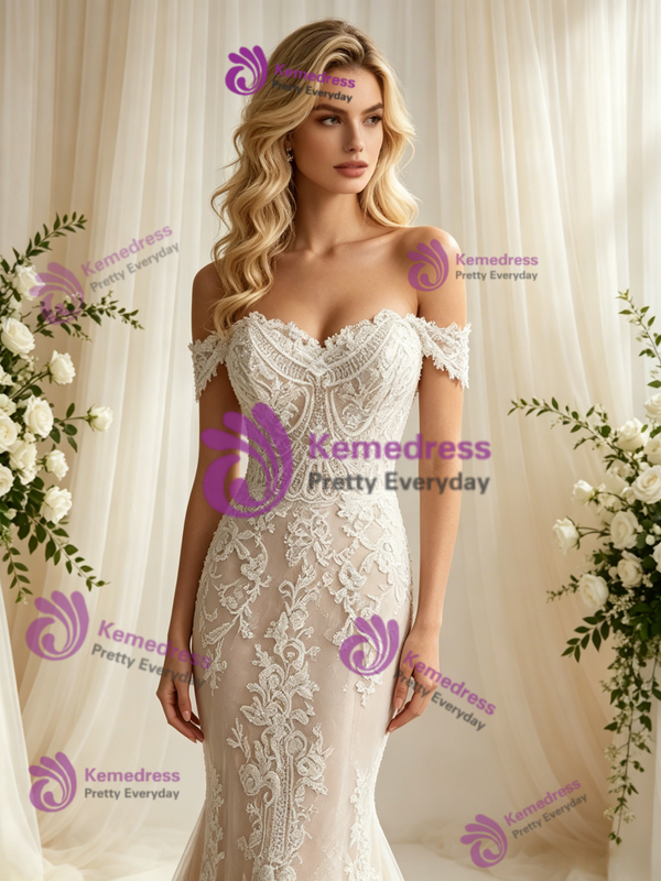Champagne Tulle Lace Off the Shoulder Wedding Dress