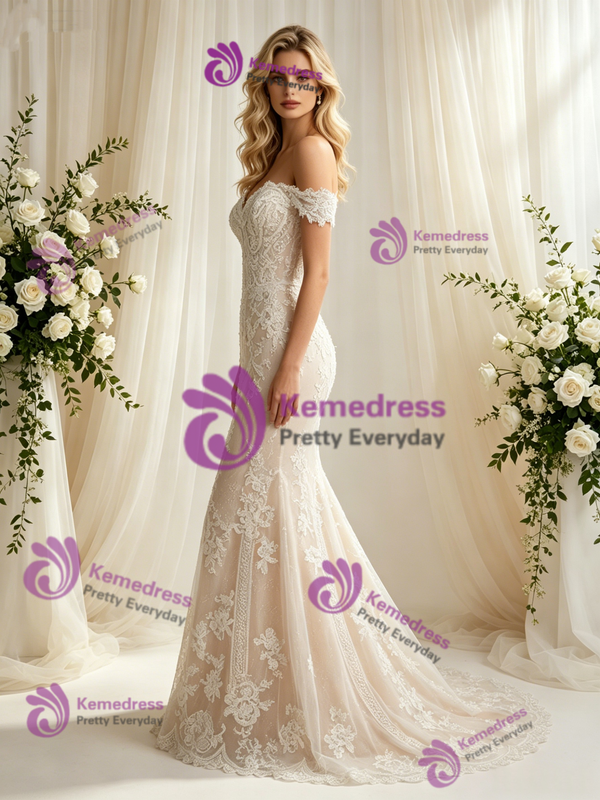 Champagne Tulle Lace Off the Shoulder Wedding Dress