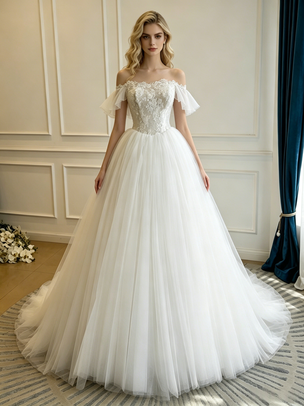 White Tulle Lace Off the Shoulder Wedding Dress