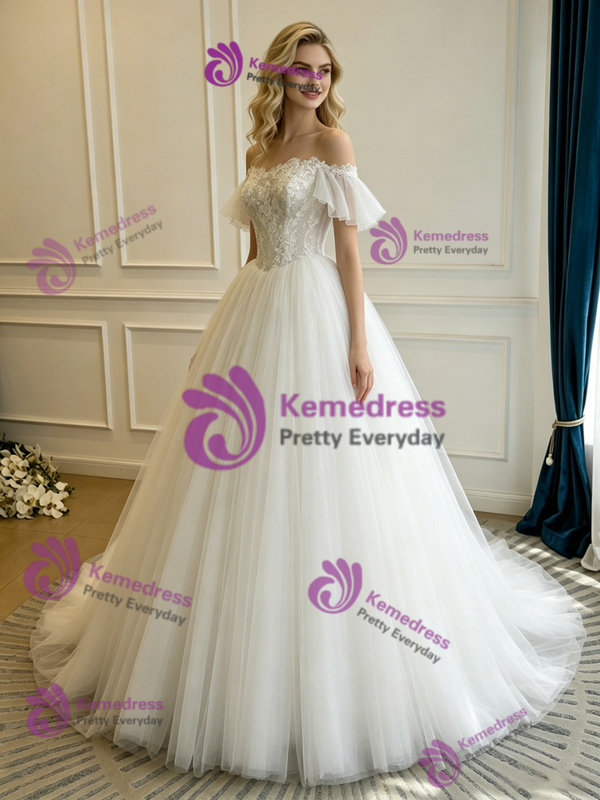 White Tulle Lace Off the Shoulder Wedding Dress