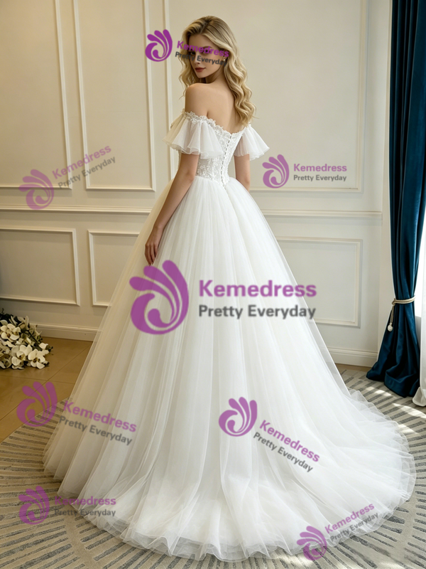 White Tulle Lace Off the Shoulder Wedding Dress