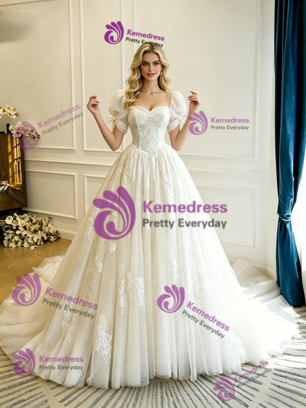 Beige White Tulle Lace Wedding Dess