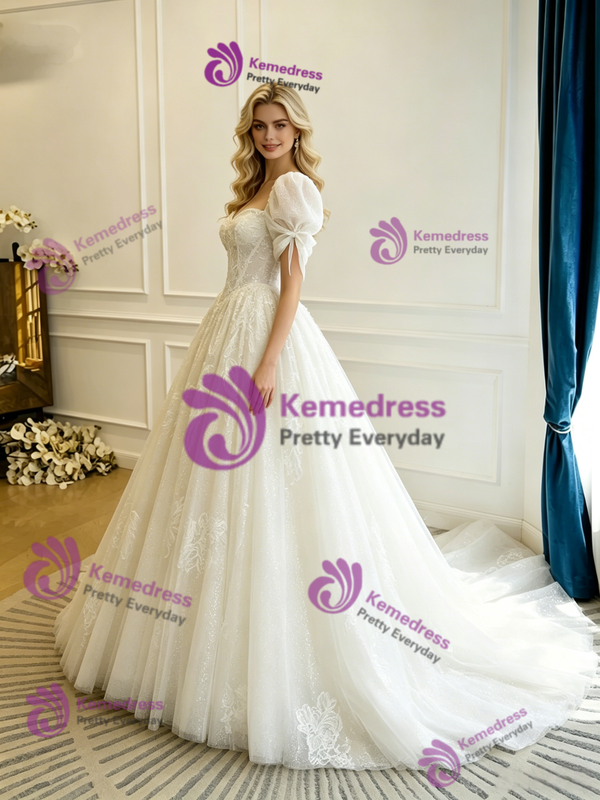 Beige White Tulle Lace Wedding Dess