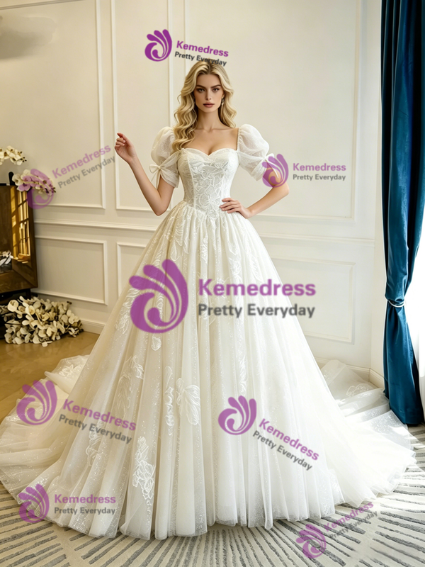 Beige White Tulle Lace Wedding Dess